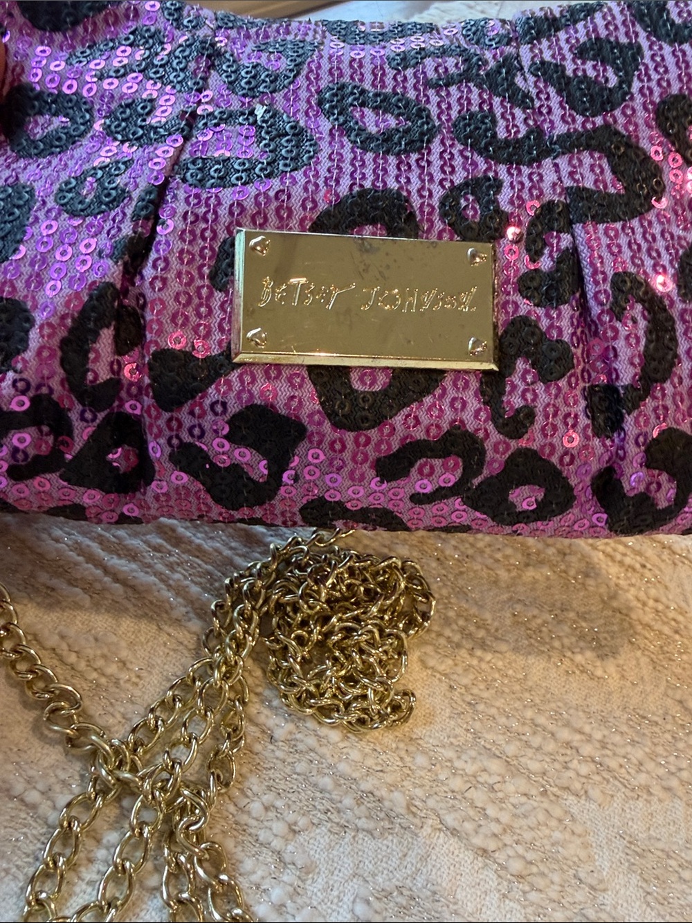 Betsey Johnson Sequin Leopard Print Chain Crossbody Bag with Front Bow Detail - Picture 5 of 10